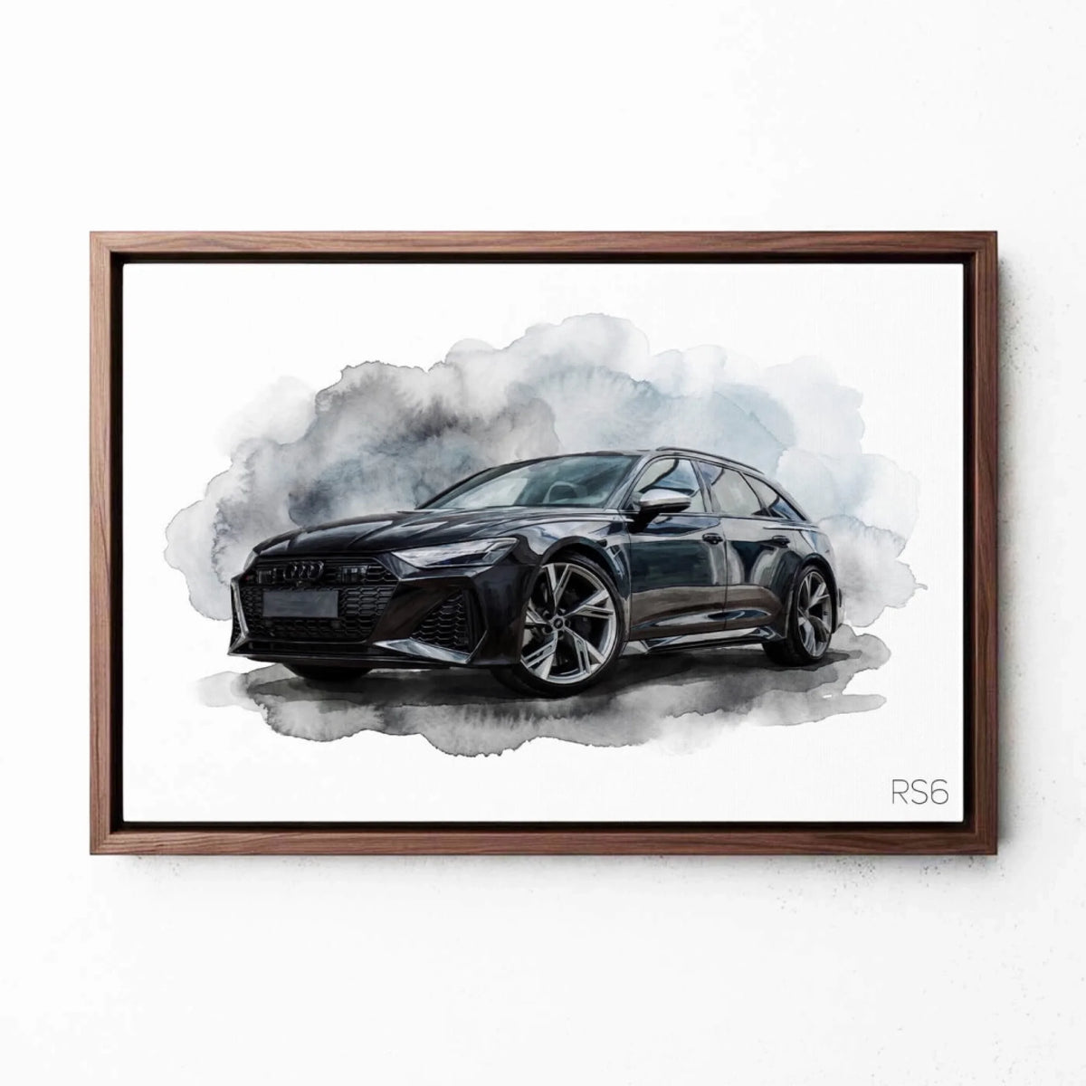 Auto Portrait im Aquarell-Stil nach Foto - Leinwand mit Rahmen in Walnuss-Optik