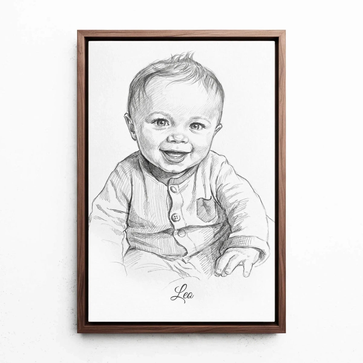 Babyportrait im Bleistift-Stil nach Foto - Leinwand mit Rahmen in Walnuss-Optik