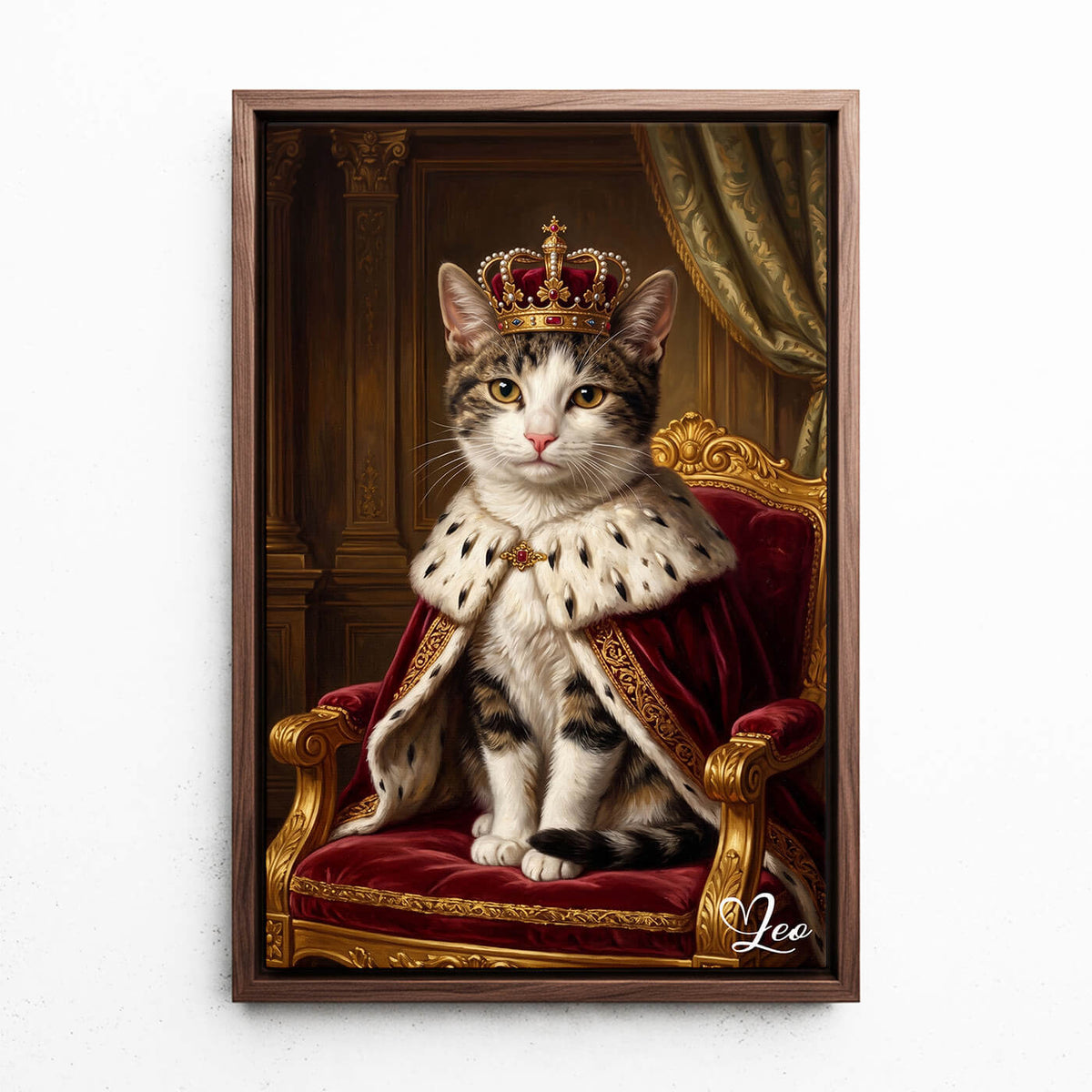 Katzenportrait im Renaissance-Stil nach Foto - Leinwand mit Rahmen in Walnuss-Optik