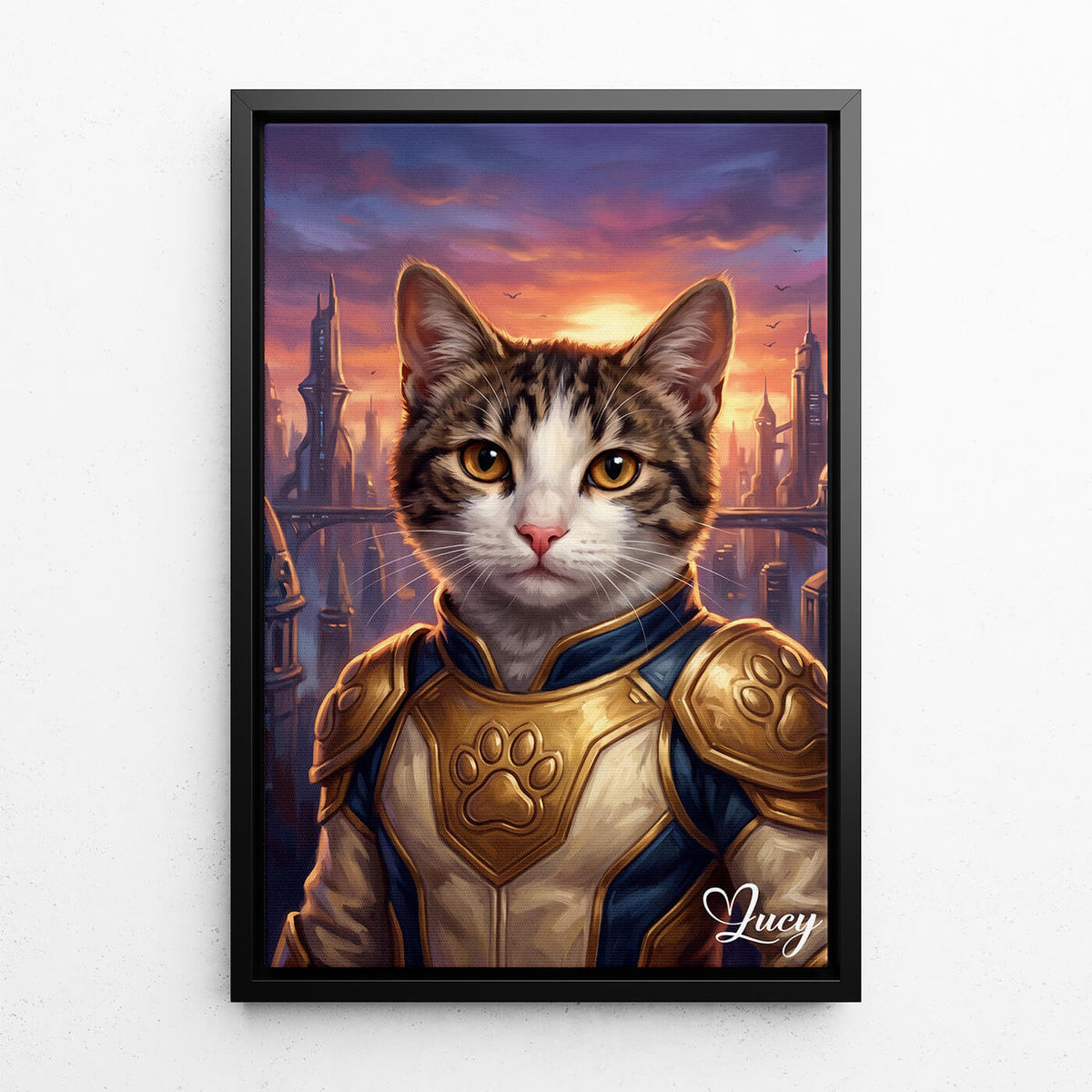 Katzenportrait als Superheld nach Foto - Leinwand mit schwarzem Rahmen