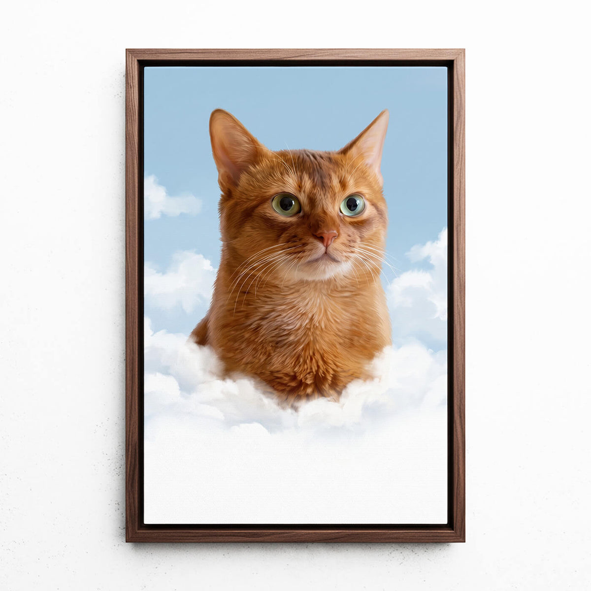 Personalisiertes Katzenportrait auf Wolken nach Foto - Leinwand mit Rahmen in Walnuss-Optik
