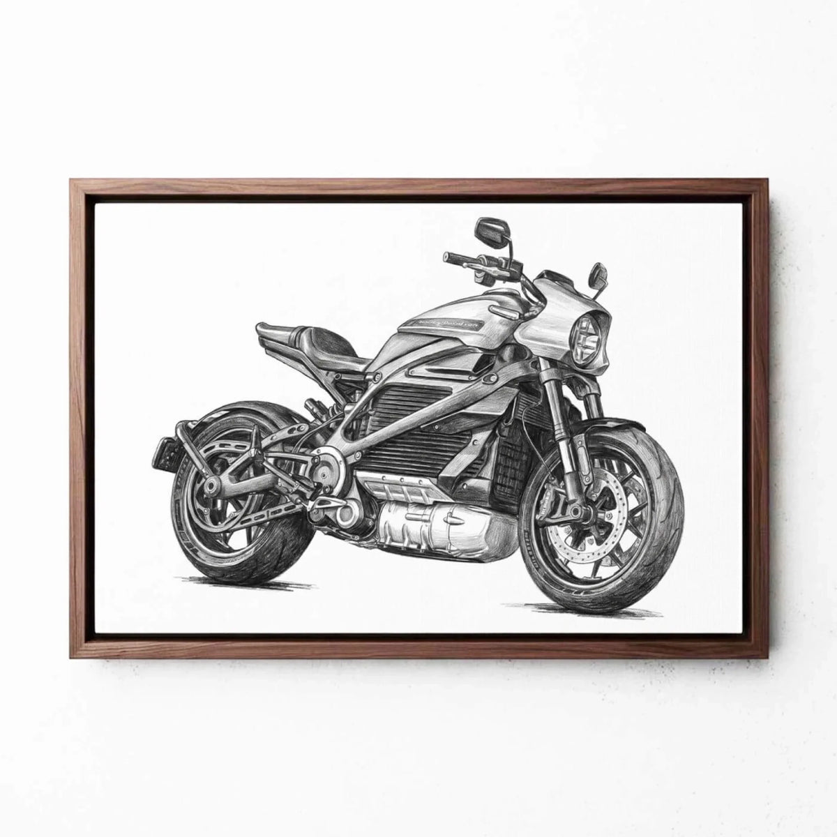 Motorradportrait im Bleistift-Stil (Querformat) nach Foto - Leinwand mit Rahmen in Walnuss-Optik