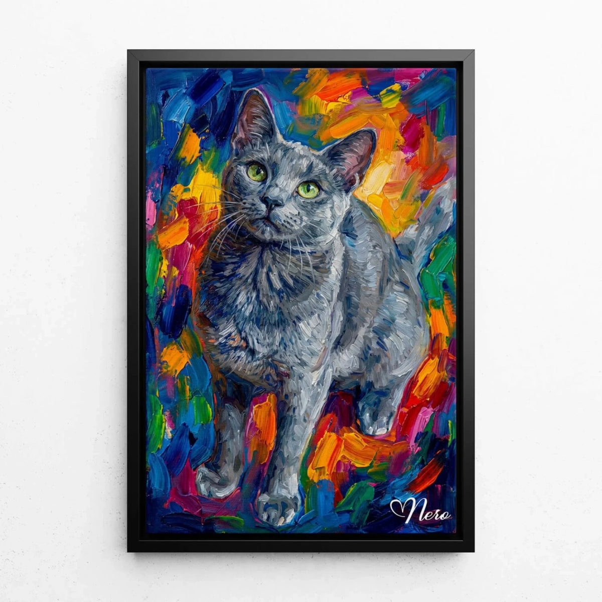 Katzenportrait im Pop-Art Stil nach Foto - Leinwand mit schwarzem Rahmen