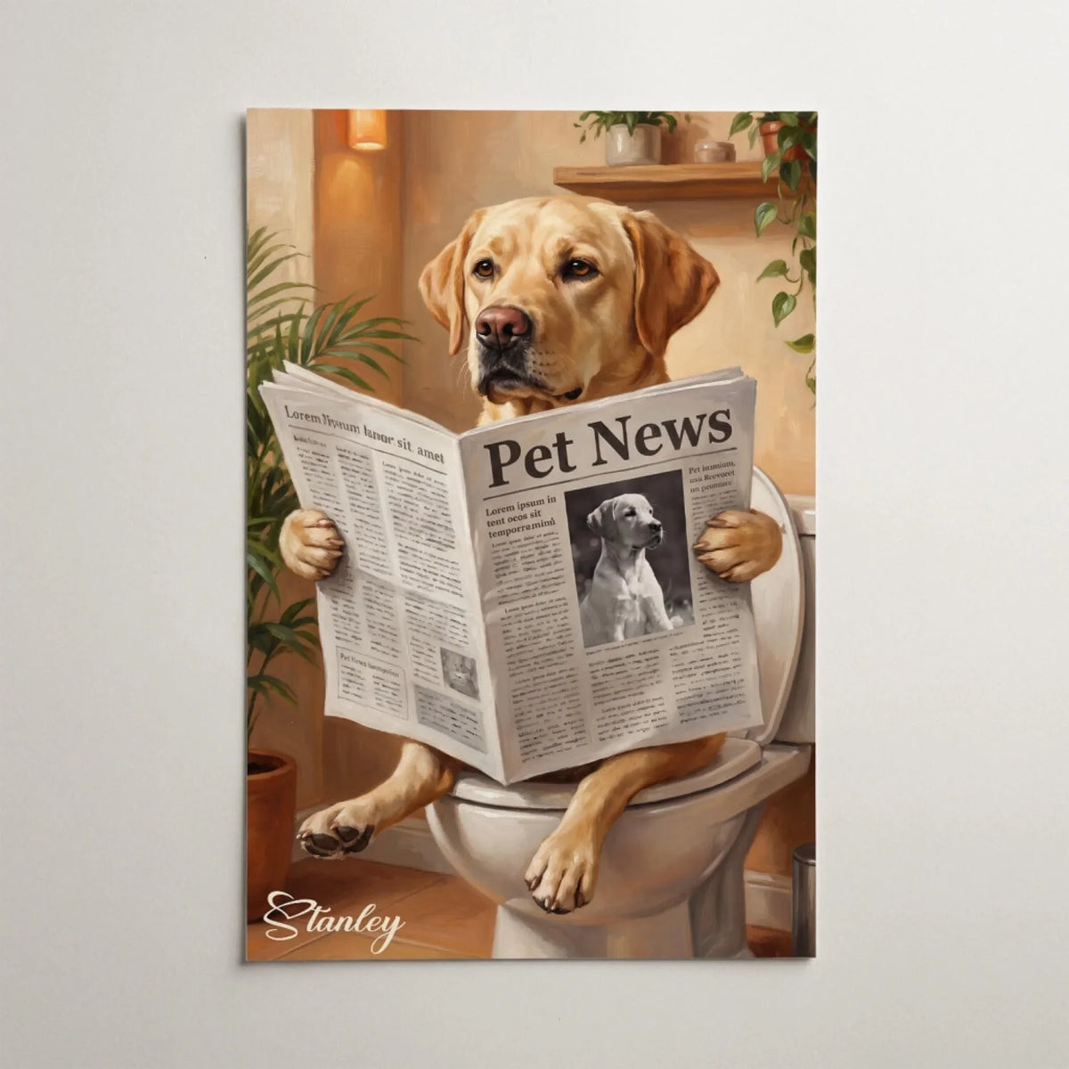 Lustiges Hundeportrait auf der Toilette nach Foto - Poster