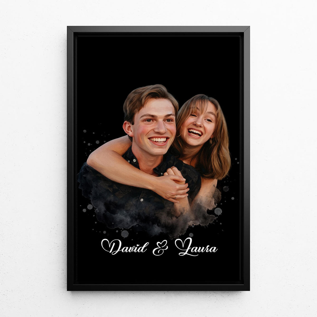 Paar- & Familienportrait im Aquarell-Stil - Schwarz nach Foto - Leinwand mit schwarzem Rahmen