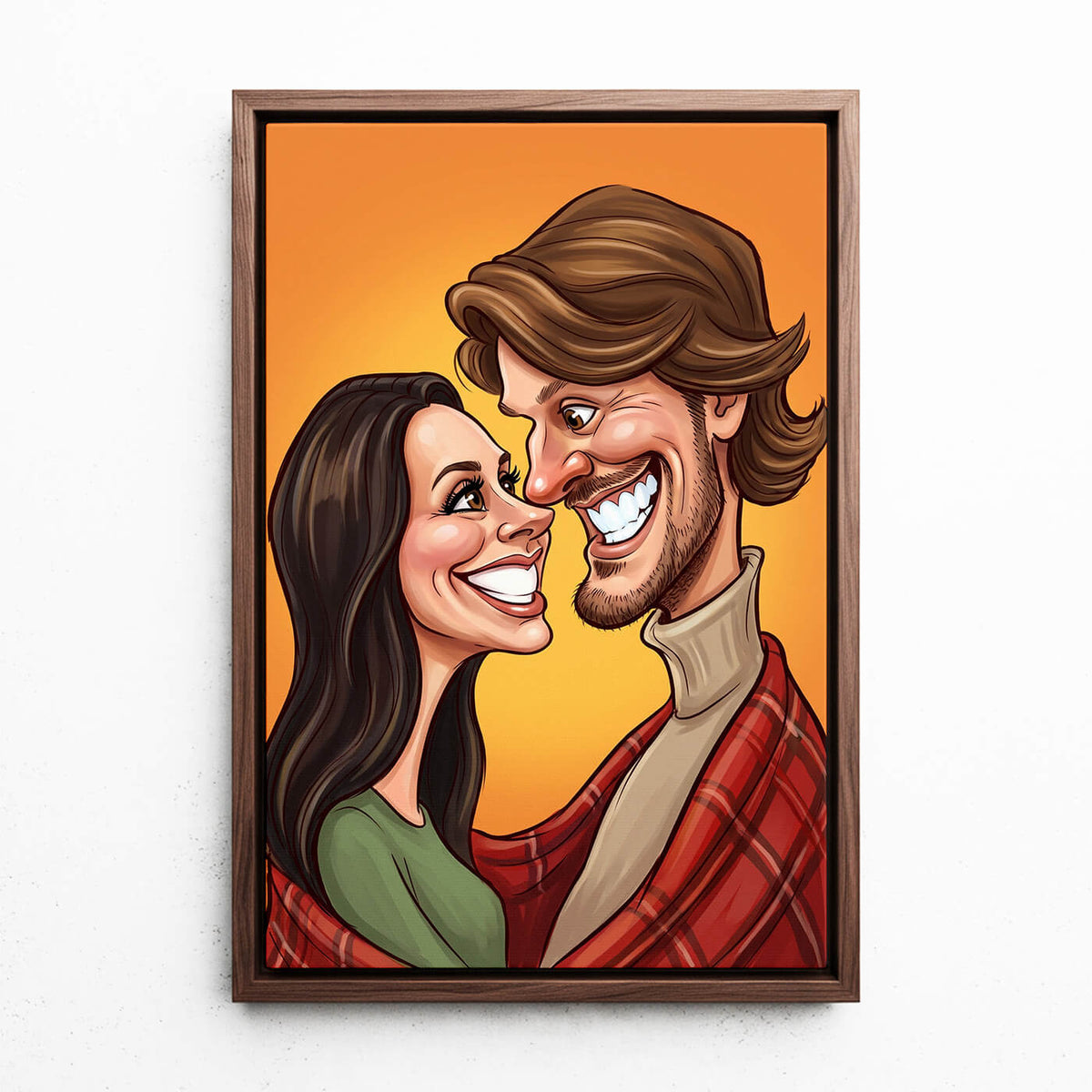 Paar- & Familienportrait im Karikatur-Stil nach Foto - Leinwand mit Rahmen in Walnuss-Optik