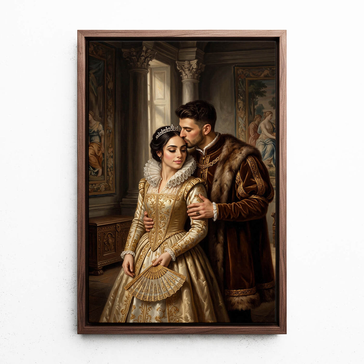 Paar- & Familienportrait im Renaissance-Stil nach Foto - Leinwand mit Rahmen in Walnuss-Optik