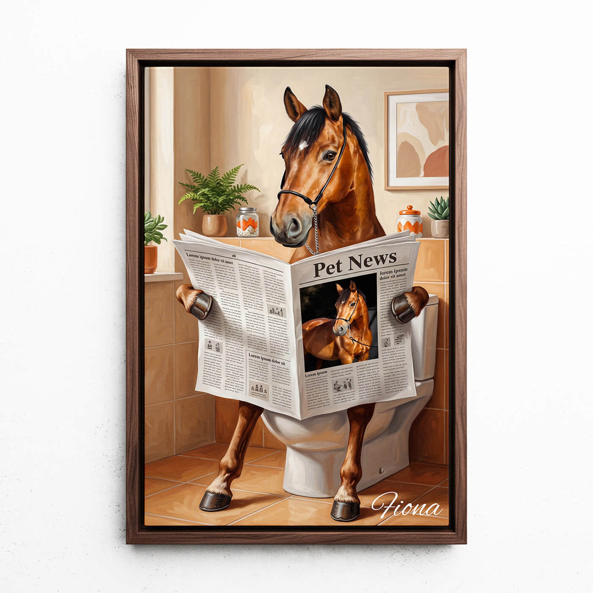Lustiges Pferdeportrait auf der Toilette nach Foto - Leinwand mit Rahmen in Walnuss-Optik