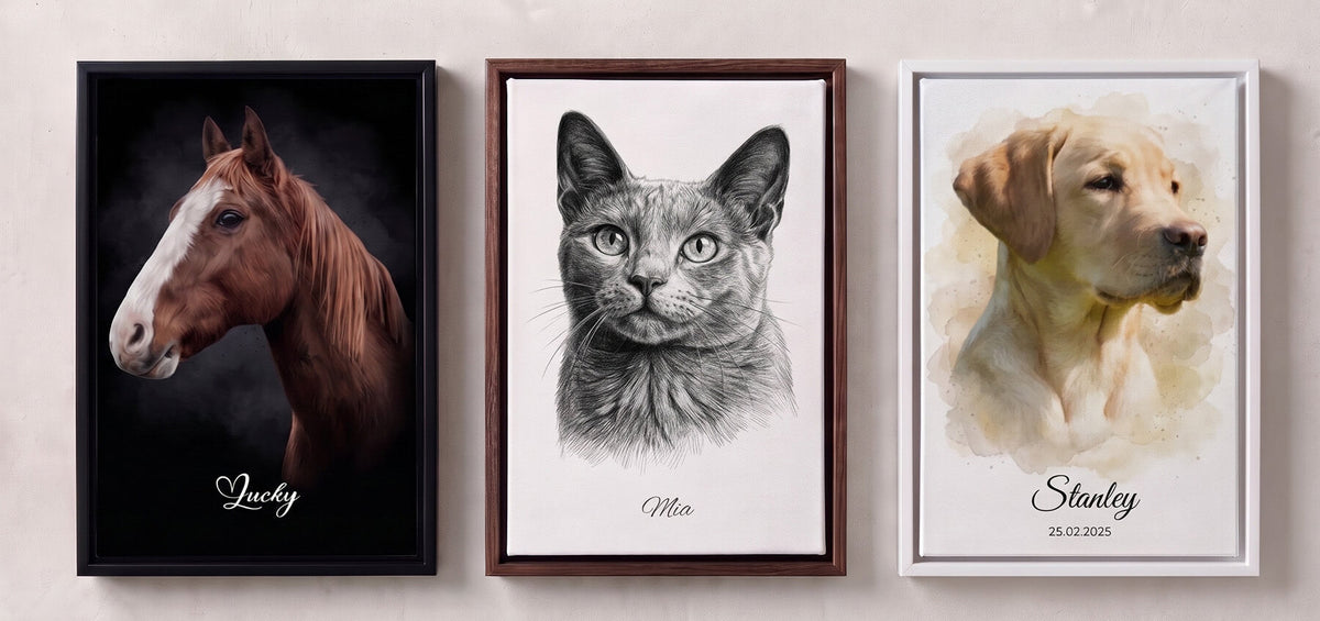 Personalisierte Tierportraits vom eigenen Foto - Beispiele als Leinwand, Poster und im Rahmen
