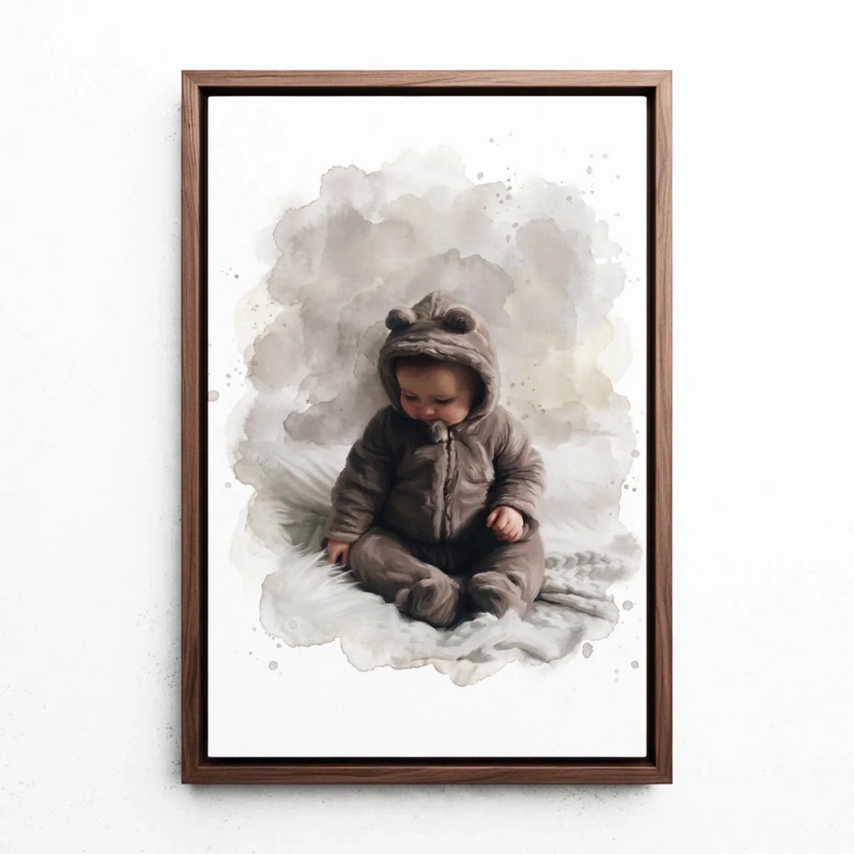 Babyportrait im Aquarell-Stil nach Foto - Leinwand mit Rahmen in Walnuss-Optik