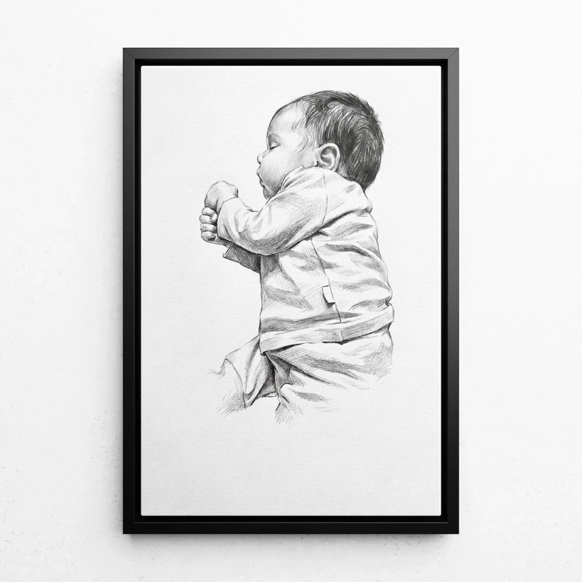 Babyportrait im Bleistift-Stil nach Foto - Leinwand mit schwarzem Rahmen