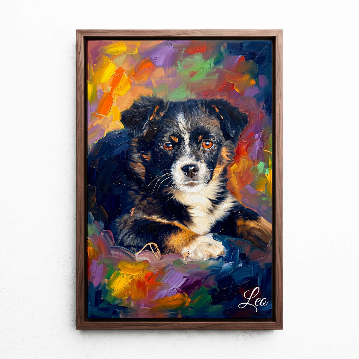Hundeportrait im Pop-Art Stil nach Foto - Leinwand mit Rahmen in Walnuss-Optik