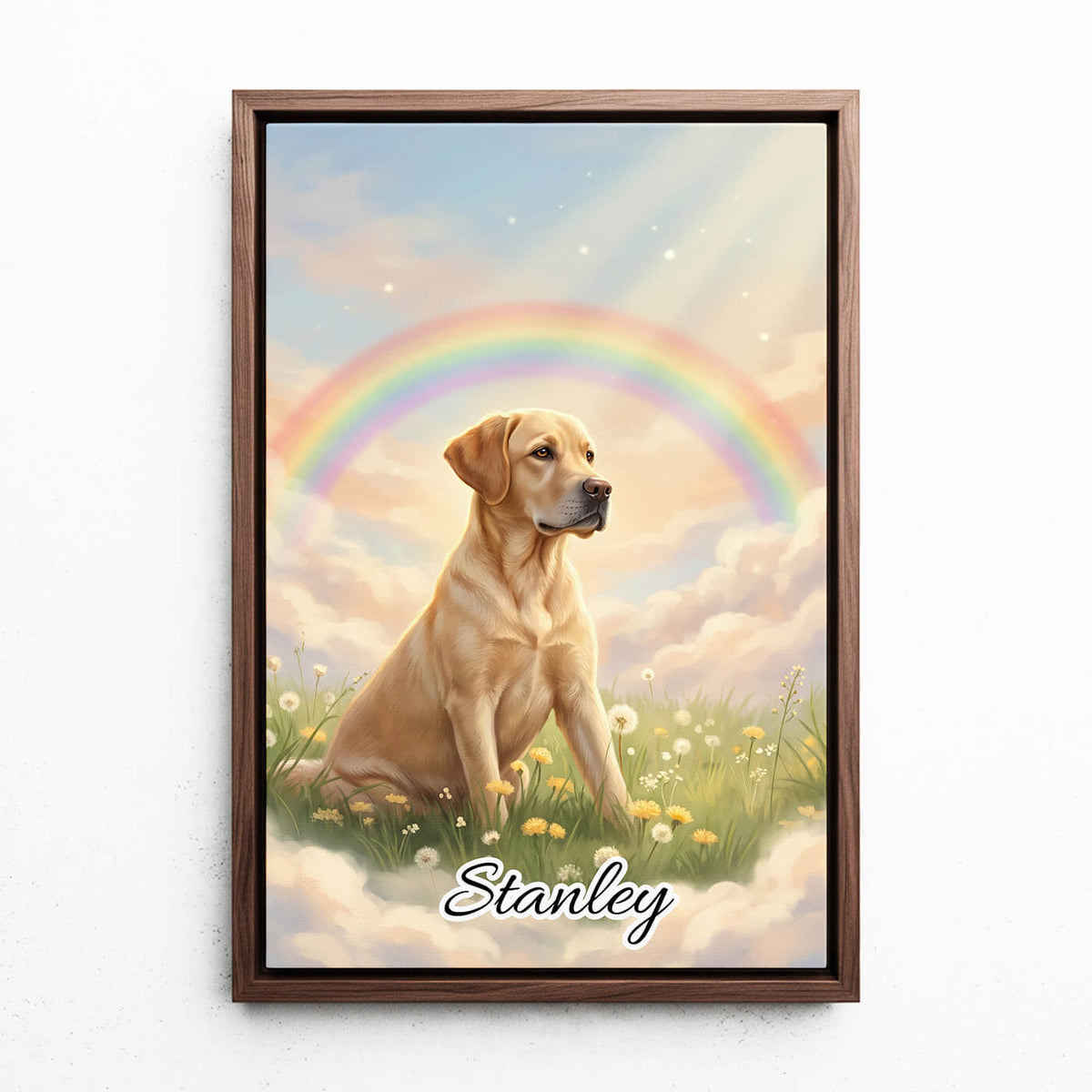 Hundeportrait an der Regenbogenbrücke nach Foto - Leinwand mit Rahmen in Walnuss-Optik