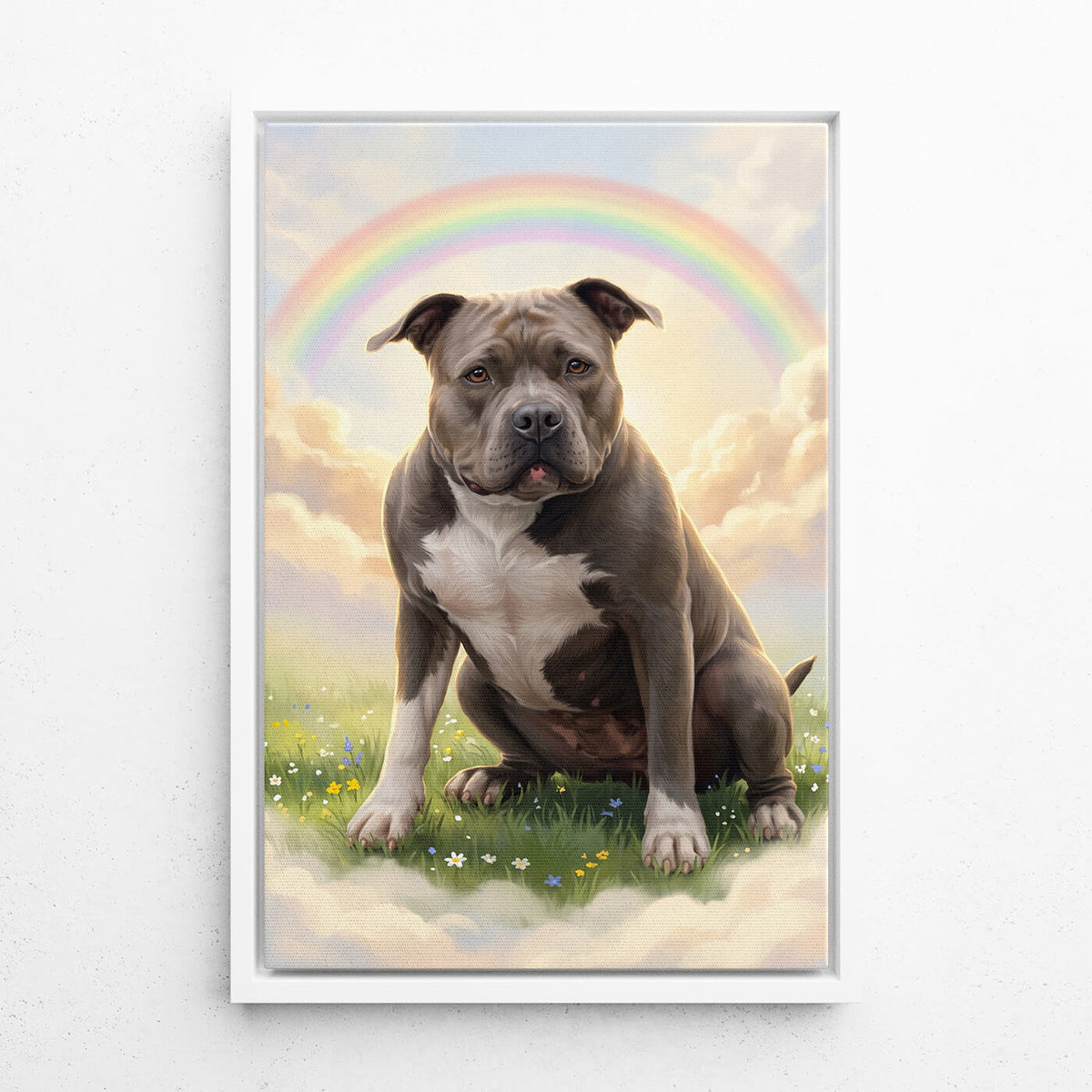 Hundeportrait an der Regenbogenbrücke nach Foto - Leinwand mit weißem Rahmen