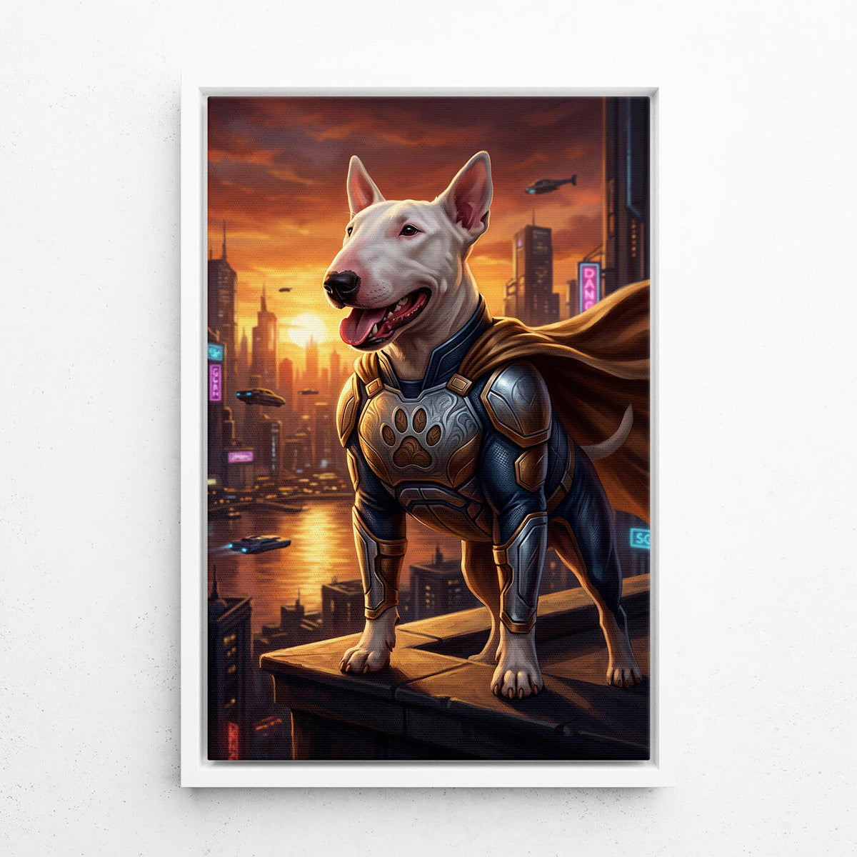 Hundeportrait als Superheld nach Foto - Leinwand mit weißem Rahmen