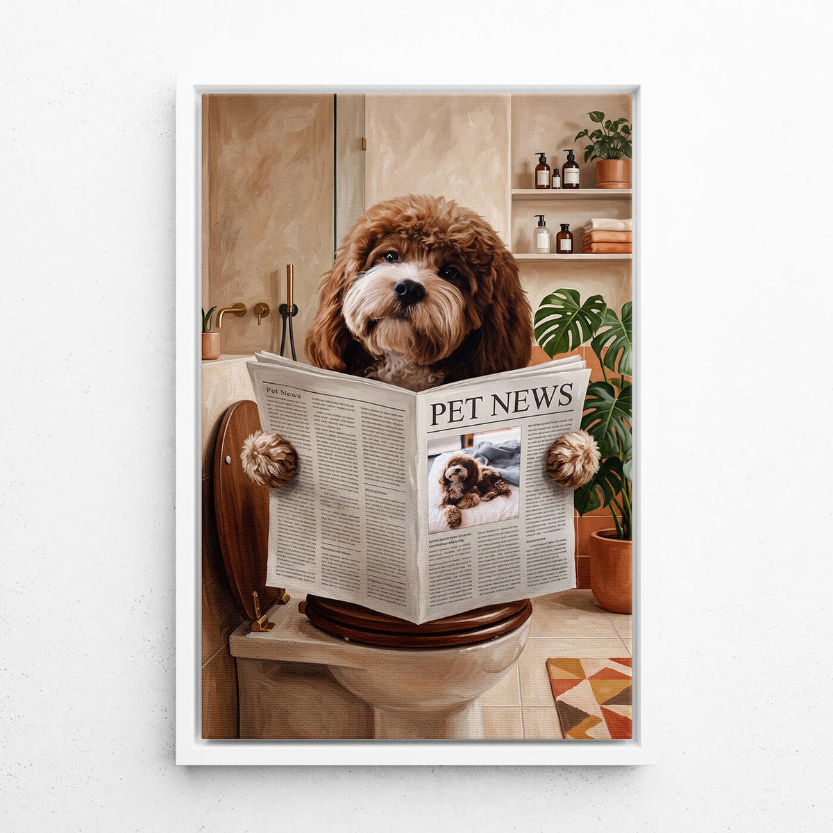 Lustiges Hundeportrait auf der Toilette nach Foto - Leinwand mit weißem Rahmen