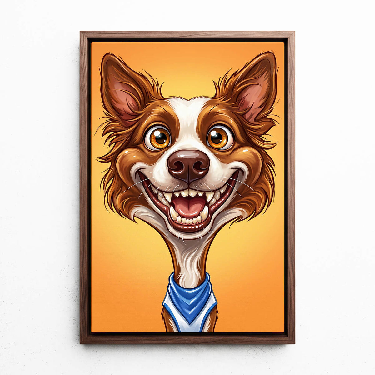 Hundeportrait im Karikatur-Stil nach Foto - Leinwand mit Rahmen in Walnuss-Optik