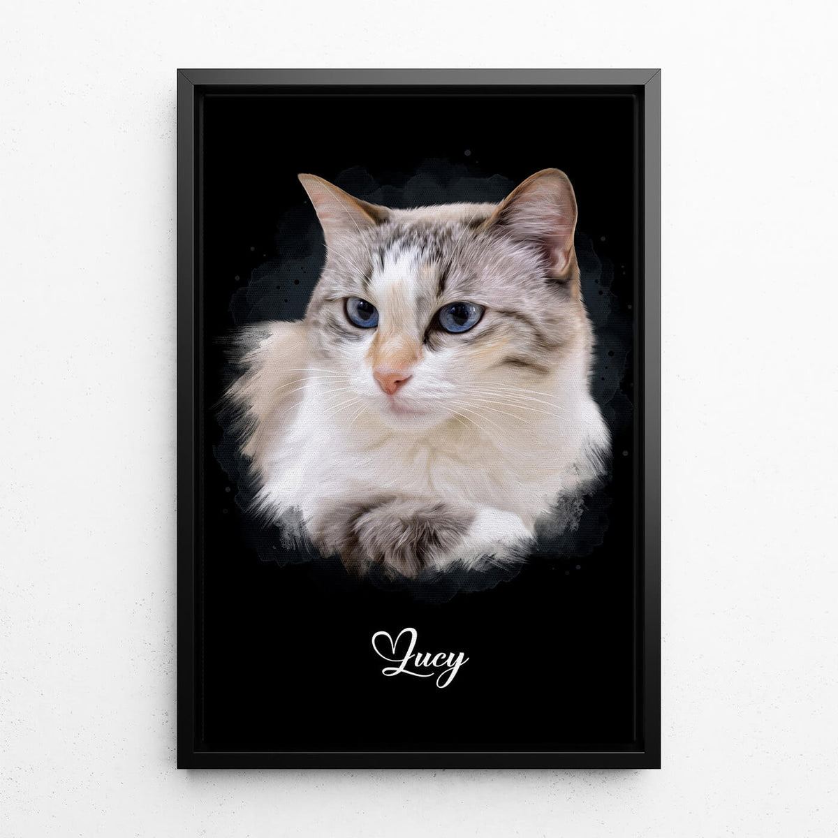 Katzenportrait im Aquarell-Stil - Schwarz nach Foto - Leinwand mit schwarzem Rahmen