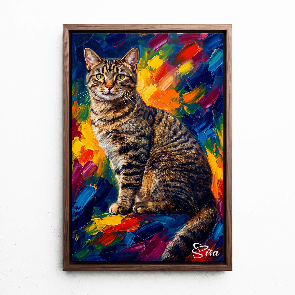 Katzenportrait im Pop-Art Stil nach Foto - Leinwand mit Rahmen in Walnuss-Optik