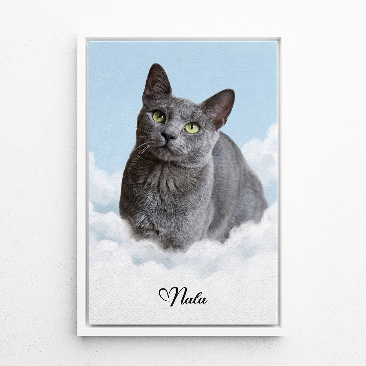 Personalisiertes Katzenportrait auf Wolken nach Foto - Leinwand mit weißem Rahmen