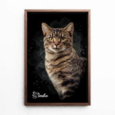 Katzenportrait im dunklen Aquarell-Stil nach Foto - Leinwand mit Rahmen in Walnuss-Optik