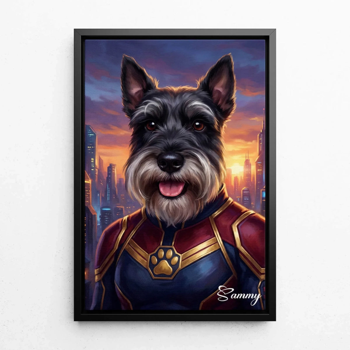 Hundeportrait als Superheld nach Foto - Leinwand mit schwarzem Rahmen