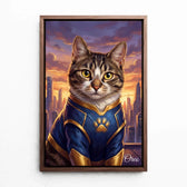 Katzenportrait als Superheld nach Foto - Leinwand mit Rahmen in Walnuss-Optik