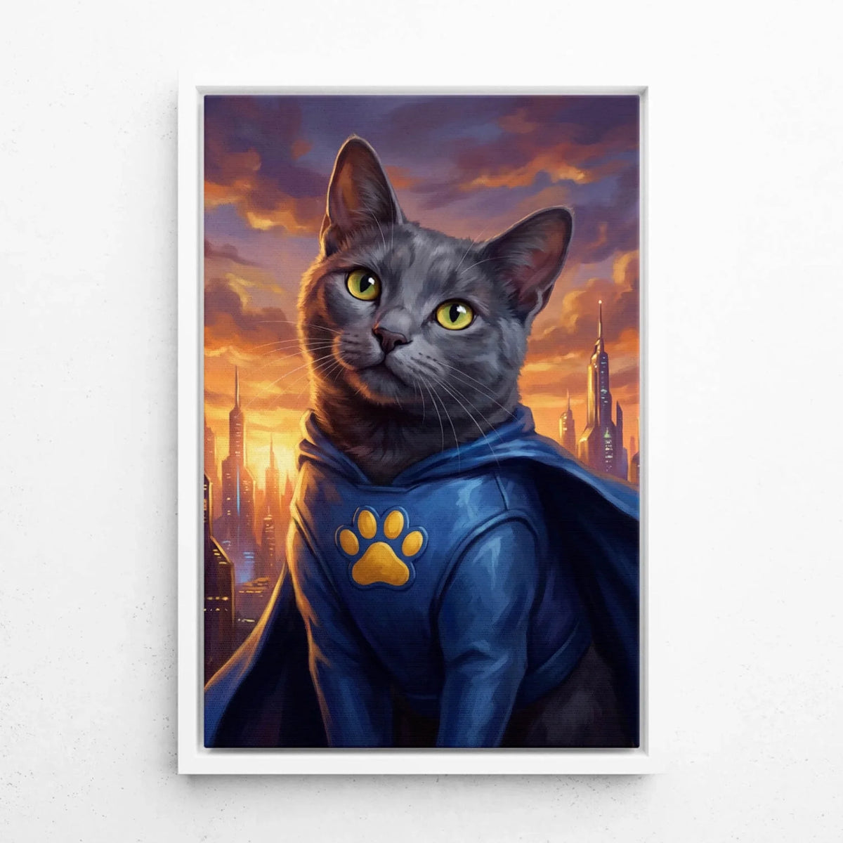 Katzenportrait als Superheld nach Foto - Leinwand mit weißem Rahmen