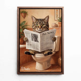 Katzenportrait auf der Toilette nach Foto - Leinwand mit Rahmen in Walnuss-Optik