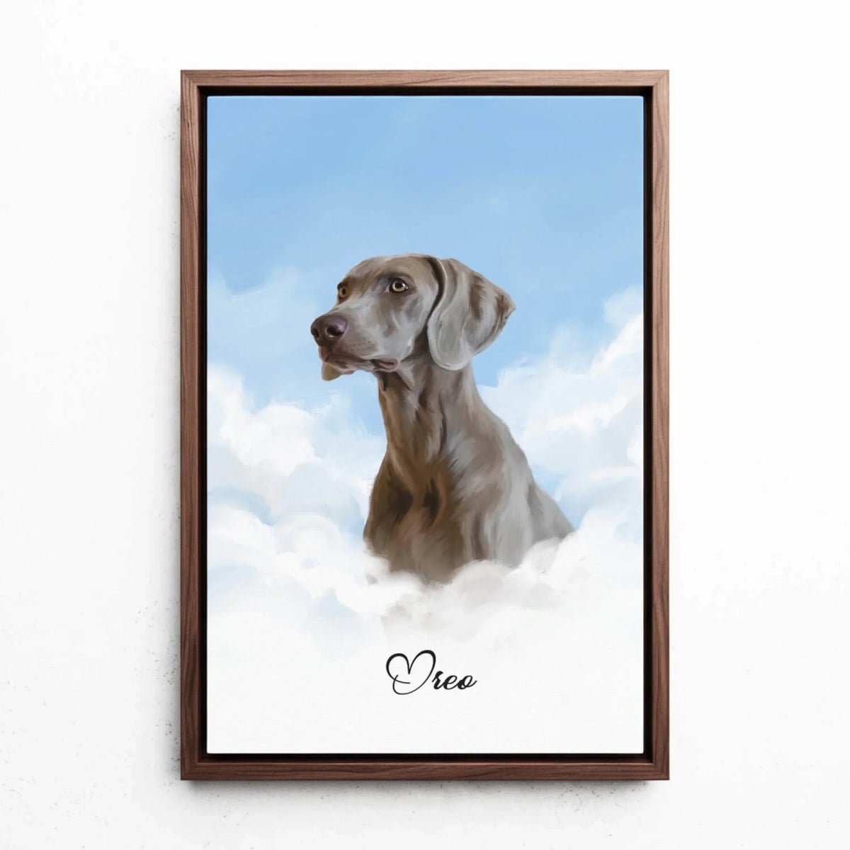 Personalisiertes Hundeportrait auf Wolken nach Foto - Leinwand mit Rahmen in Walnuss-Optik