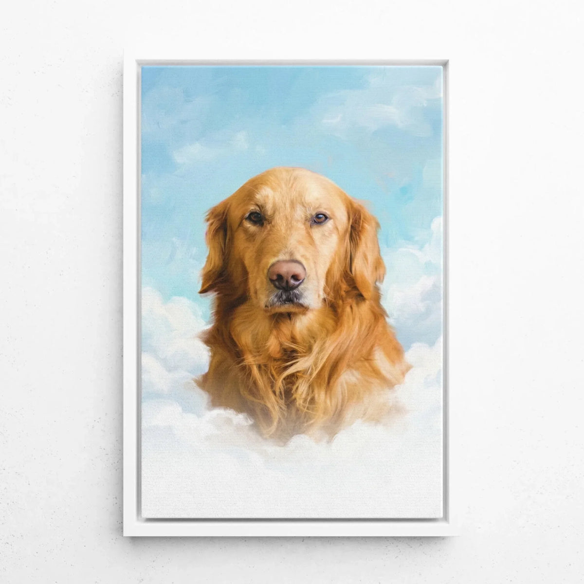Personalisiertes Hundeportrait auf Wolken nach Foto - Leinwand mit weißem Rahmen