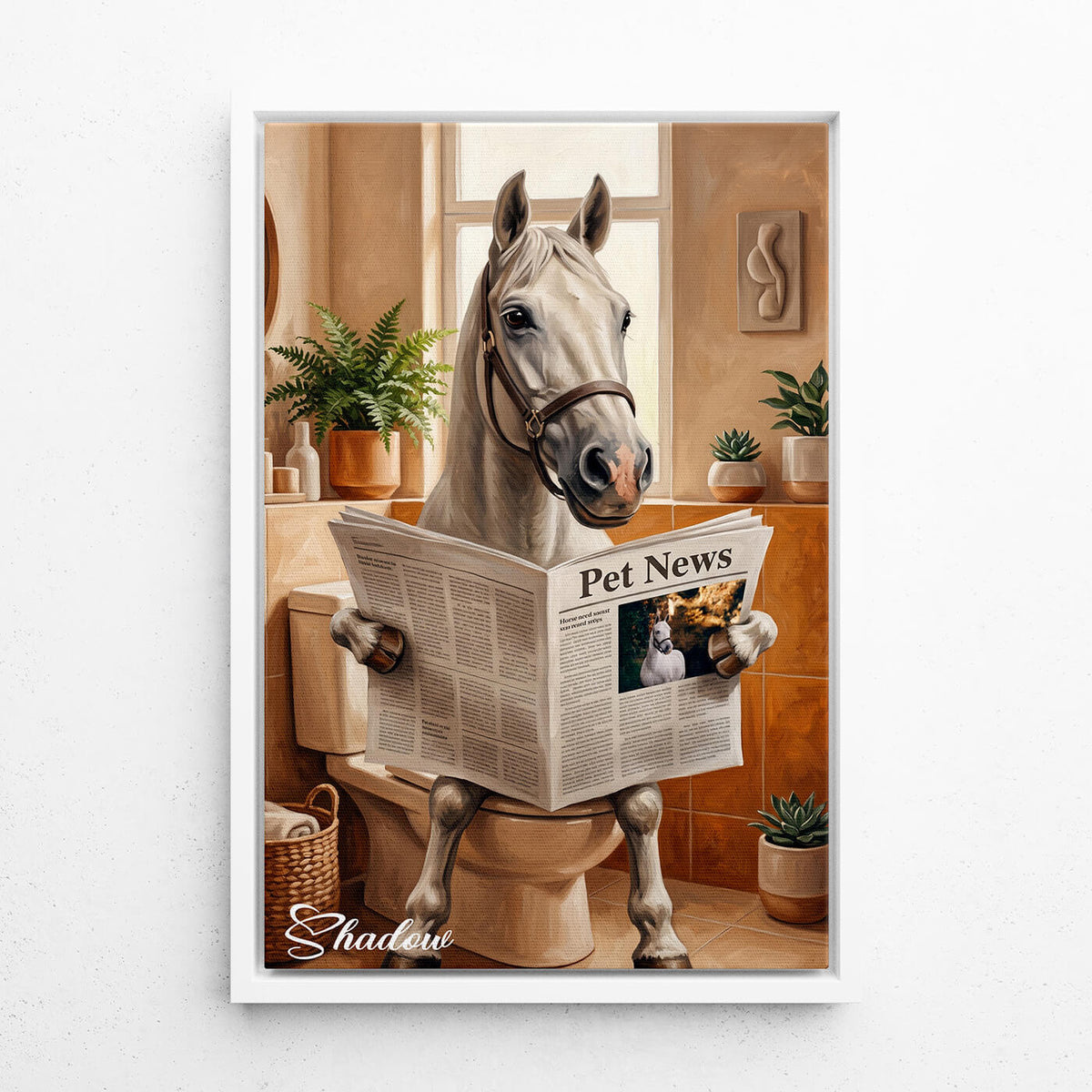 Lustiges Pferdeportrait auf der Toilette nach Foto - Leinwand mit weißem Rahmen